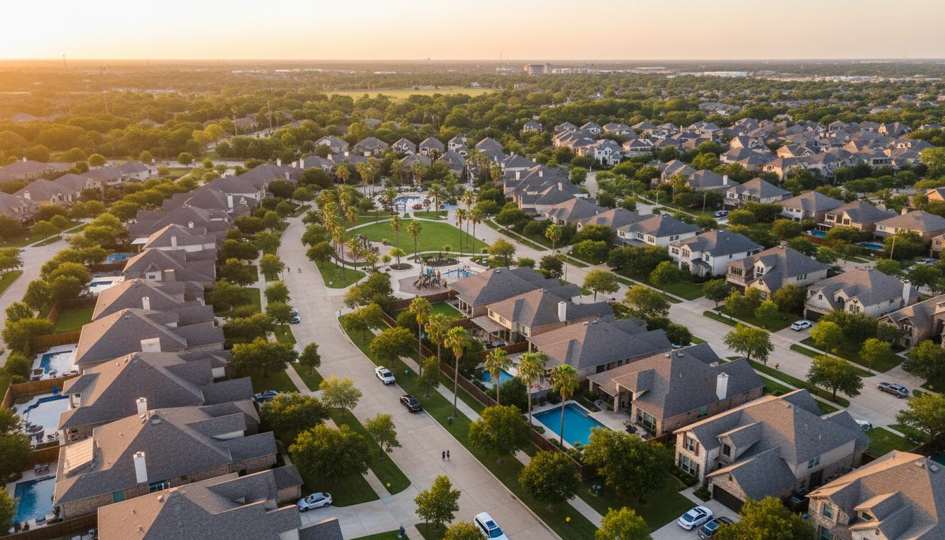 Houston neighborhood aerial view at sunset