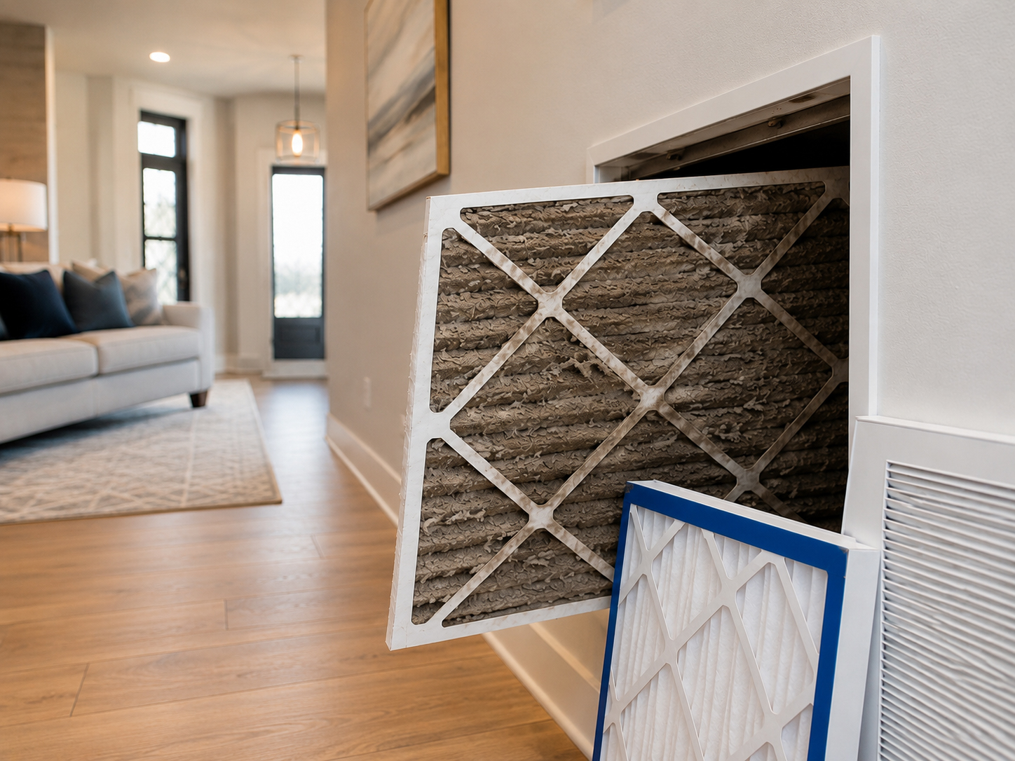 Save Home Membership technician replacing a dirty HVAC air filter in a home