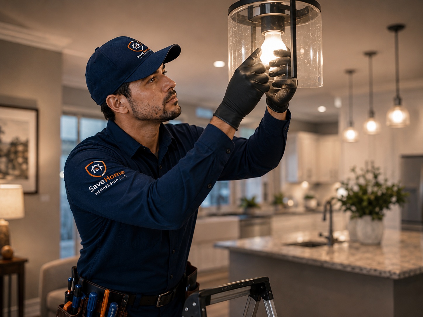Save Home Membership technician replacing a light bulb in a modern home